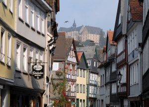 Marburg Castle on hill view from old town half-timber buildings